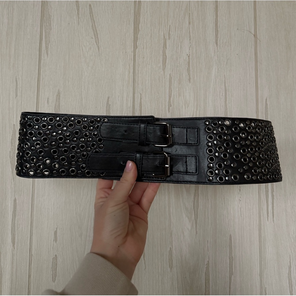 BCBG MaxAzria Black Wide Eyelet Waist Belt with Double Buckles, Size Small
